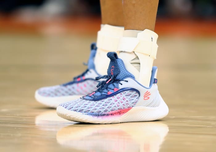 Detailed view of Stephen Curry's shoes.